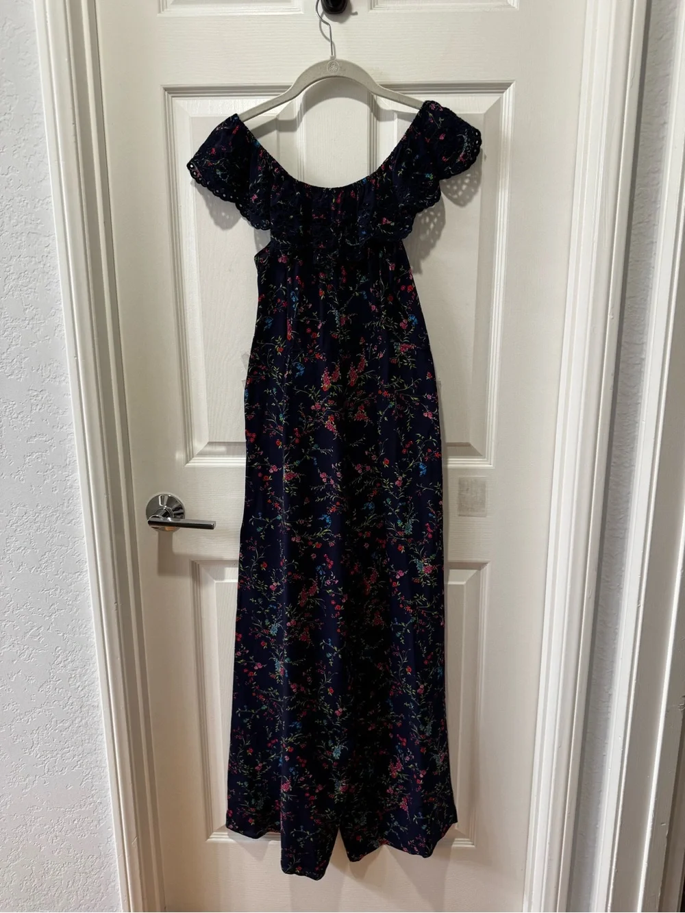 Paloma Blue Navy Blue Floral Silk Eyelet Off Shoulder Wide Leg Jumpsuit Sz M - Picture 4 of 8
